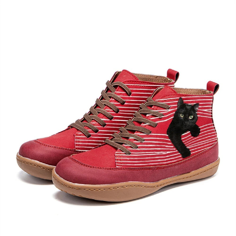 Cat Print Round Toe Ankle Boots Lace Up Casual