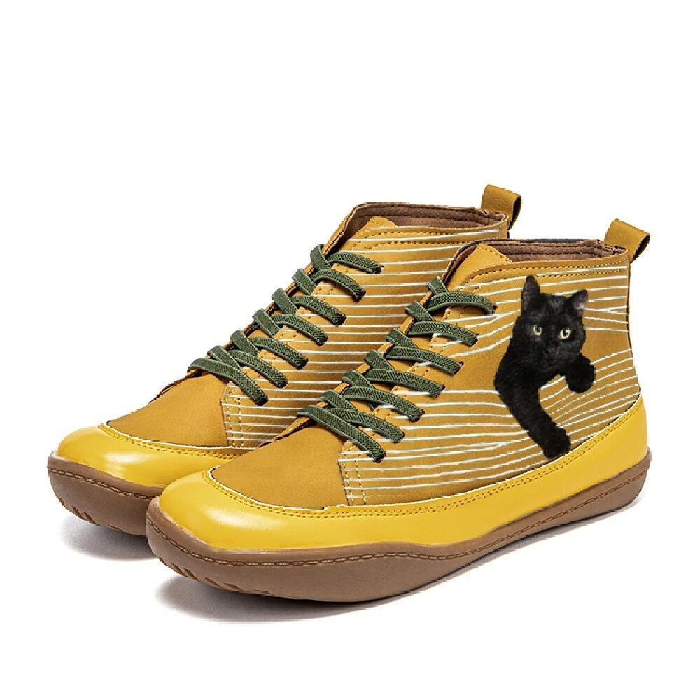 Cat Print Round Toe Ankle Boots Lace Up Casual