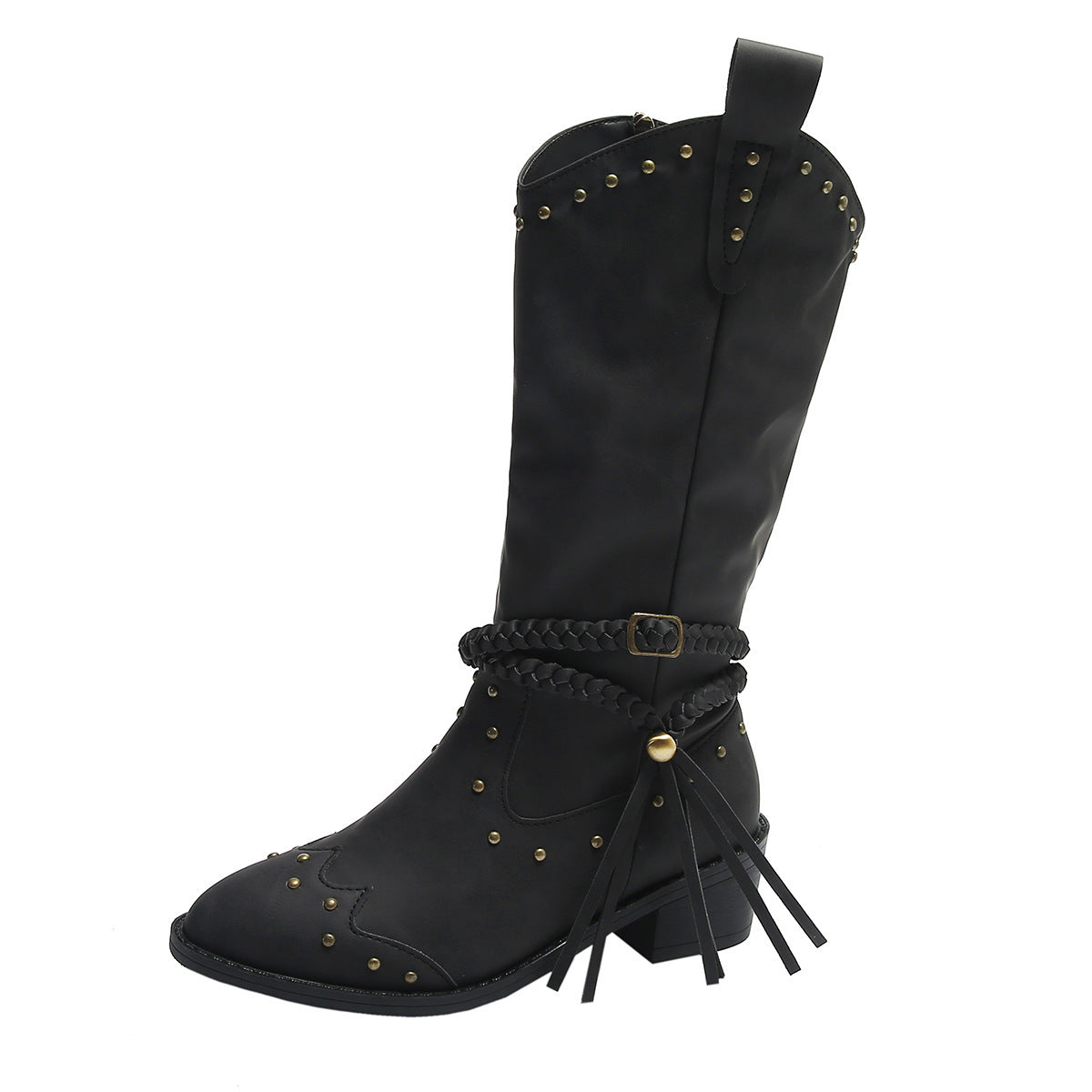 Retro Tassel Boots With Braided Rope Strap Buckle
