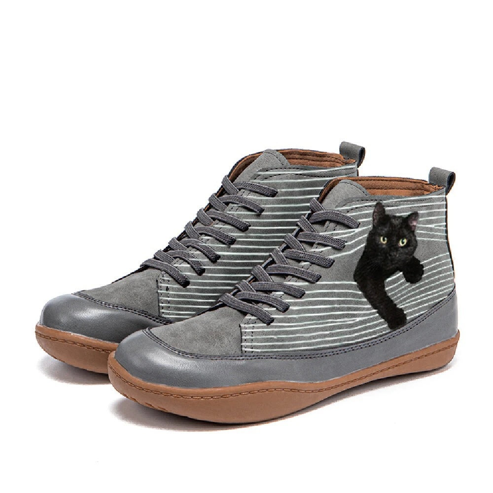 Cat Print Round Toe Ankle Boots Lace Up Casual