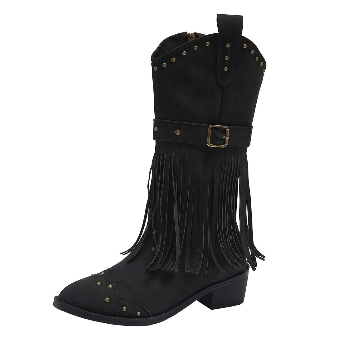 Retro Tassel Boots With Rivet Strap Buckle Design