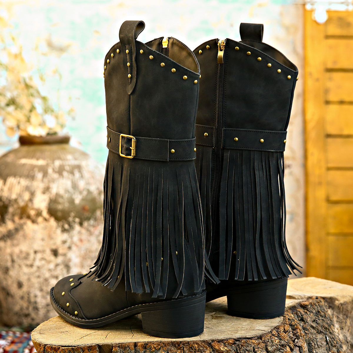 Retro Tassel Boots With Rivet Strap Buckle Design