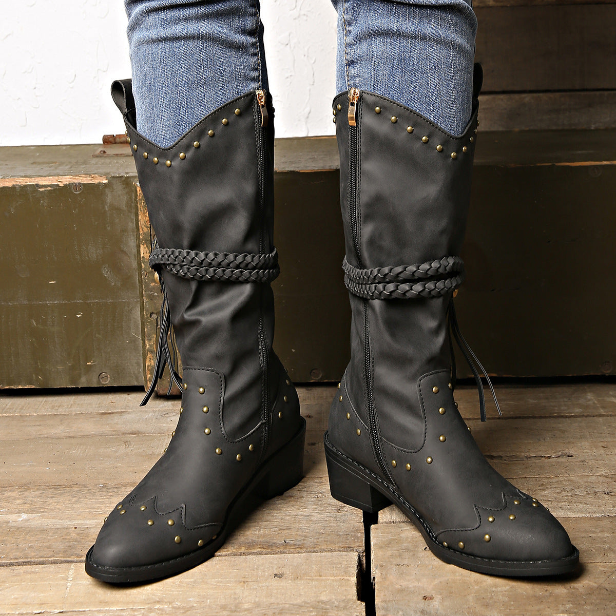 Retro Tassel Boots With Braided Rope Strap Buckle