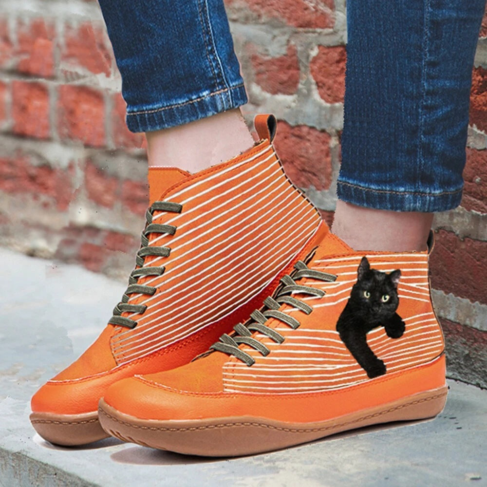 Cat Print Round Toe Ankle Boots Lace Up Casual