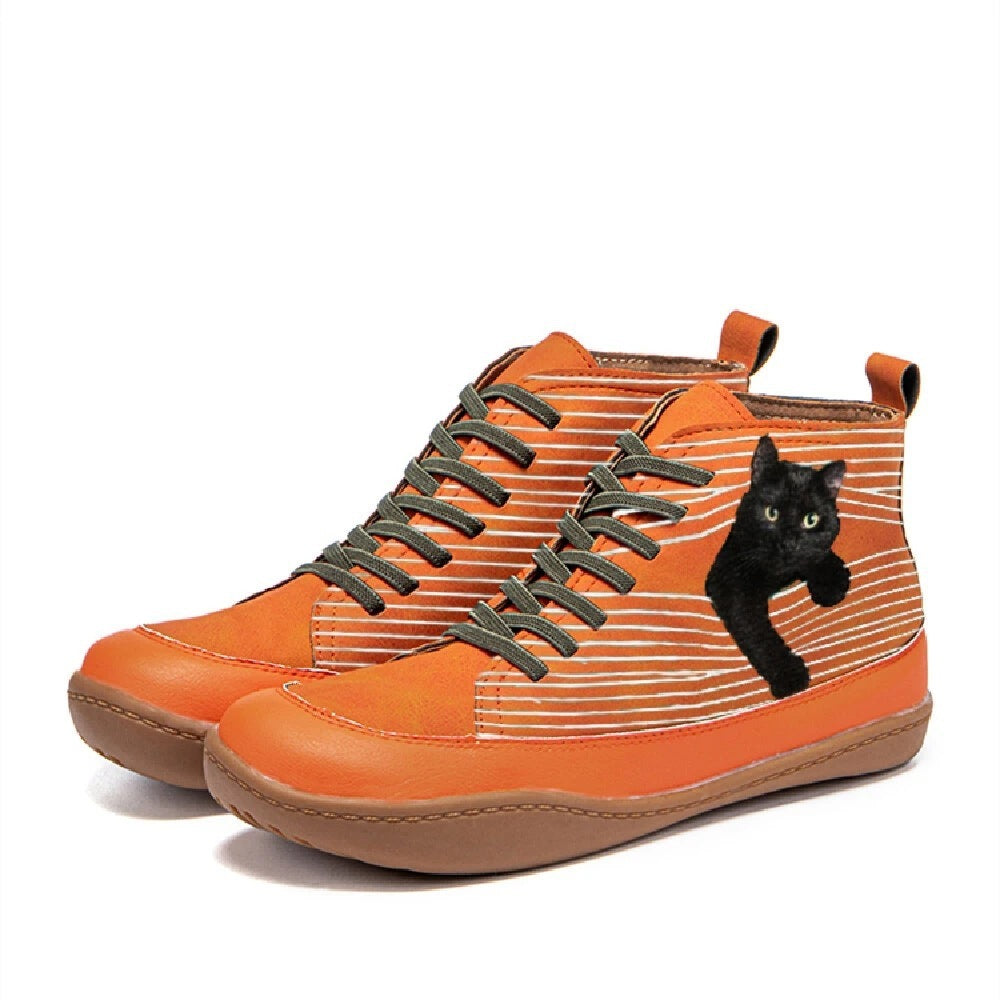 Cat Print Round Toe Ankle Boots Lace Up Casual