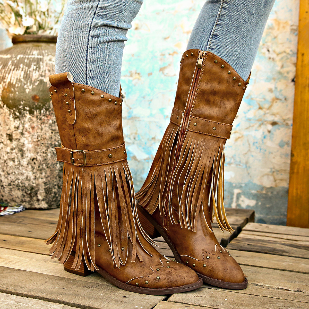 Retro Tassel Boots With Rivet Strap Buckle Design