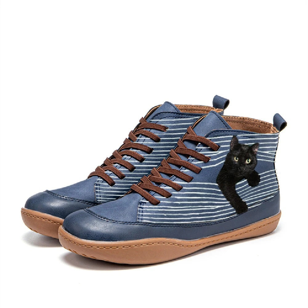 Cat Print Round Toe Ankle Boots Lace Up Casual