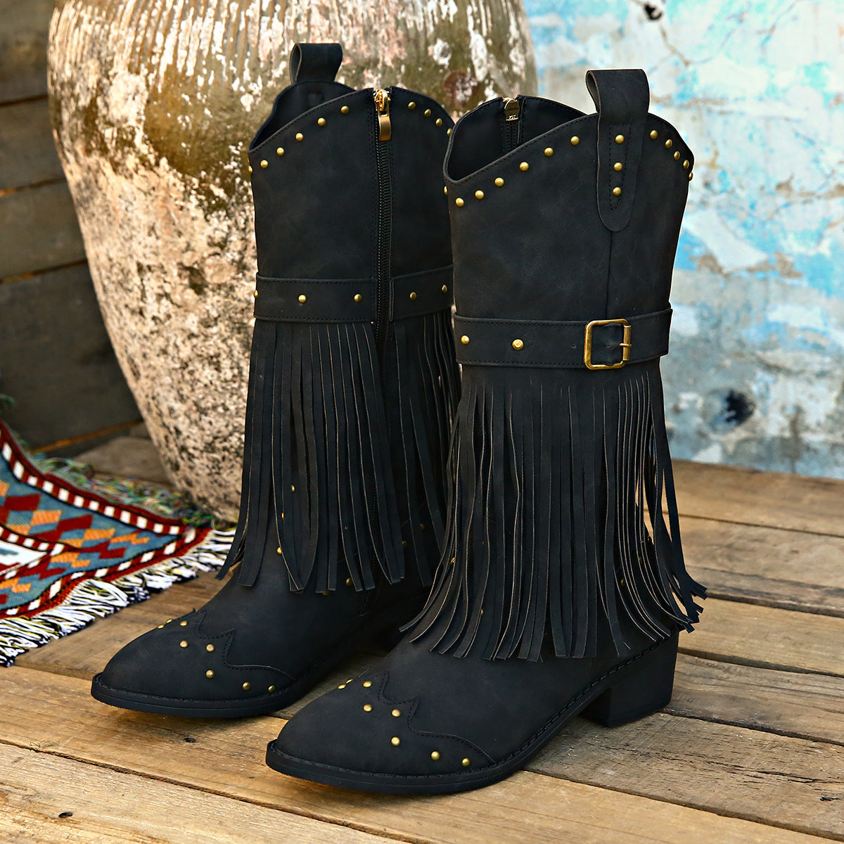 Retro Tassel Boots With Rivet Strap Buckle Design