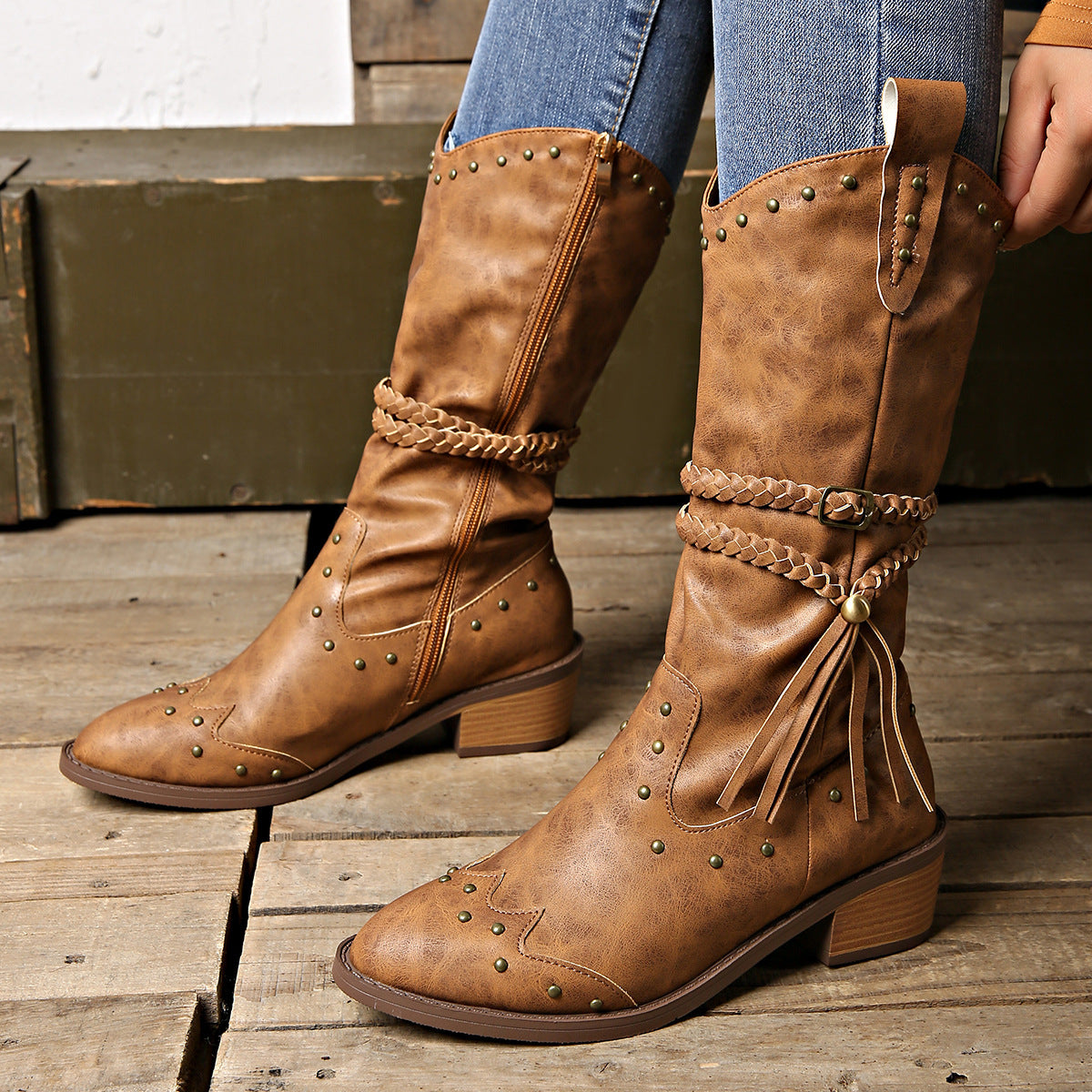 Retro Tassel Boots With Braided Rope Strap Buckle