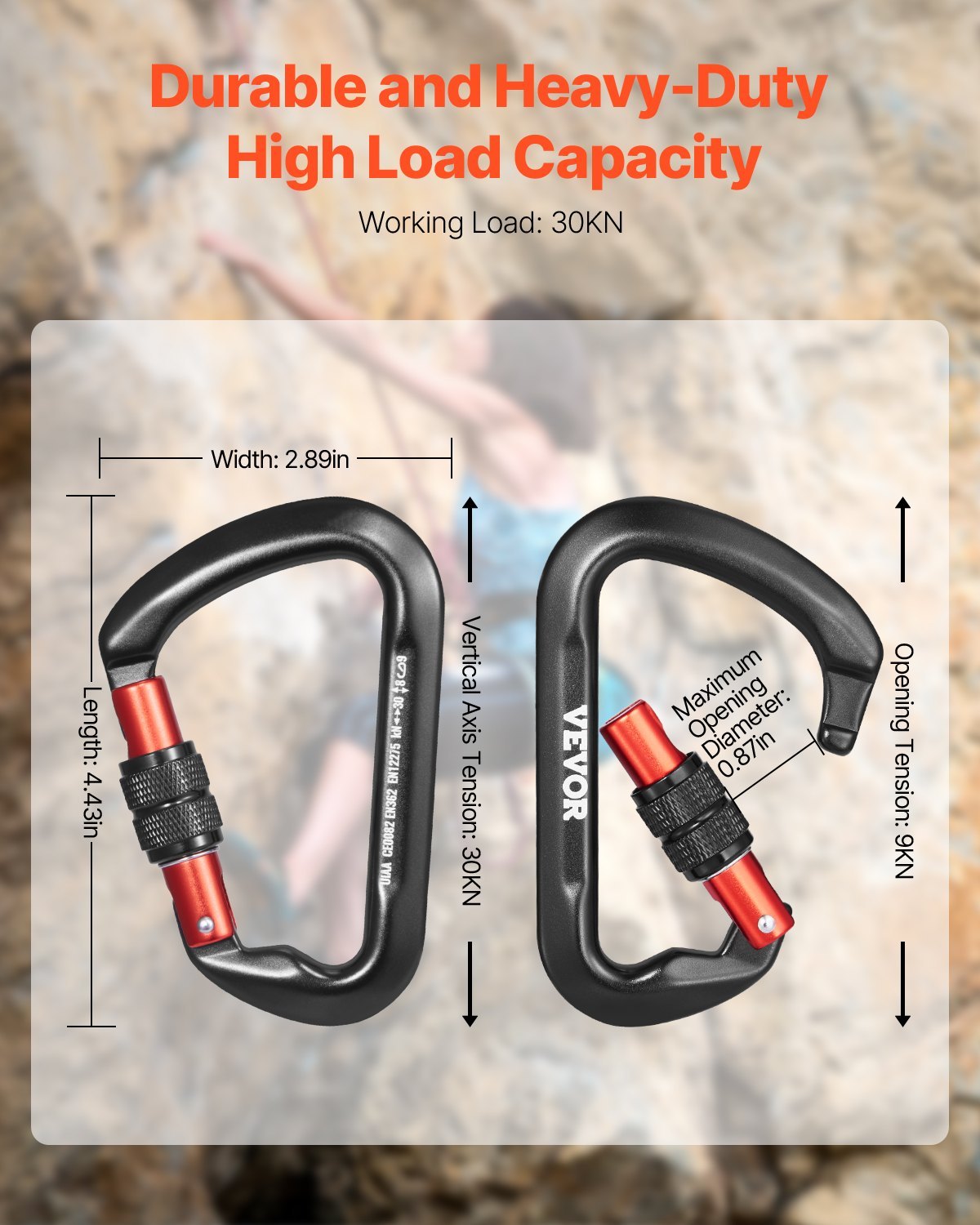 Climbing Carabiner Clips, 3 PCS Heavy Duty Caribiner, Professional 30 KN  6744 Lbs Spindle Strength, Large D-Shaped For Hiking,Rappelling,Rescue,Dog Leash,Hammocks, Swings