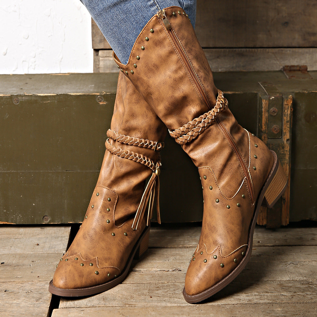 Retro Tassel Boots With Braided Rope Strap Buckle
