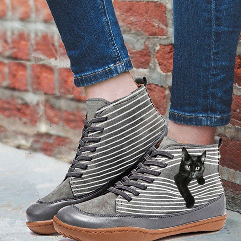 Cat Print Round Toe Ankle Boots Lace Up Casual