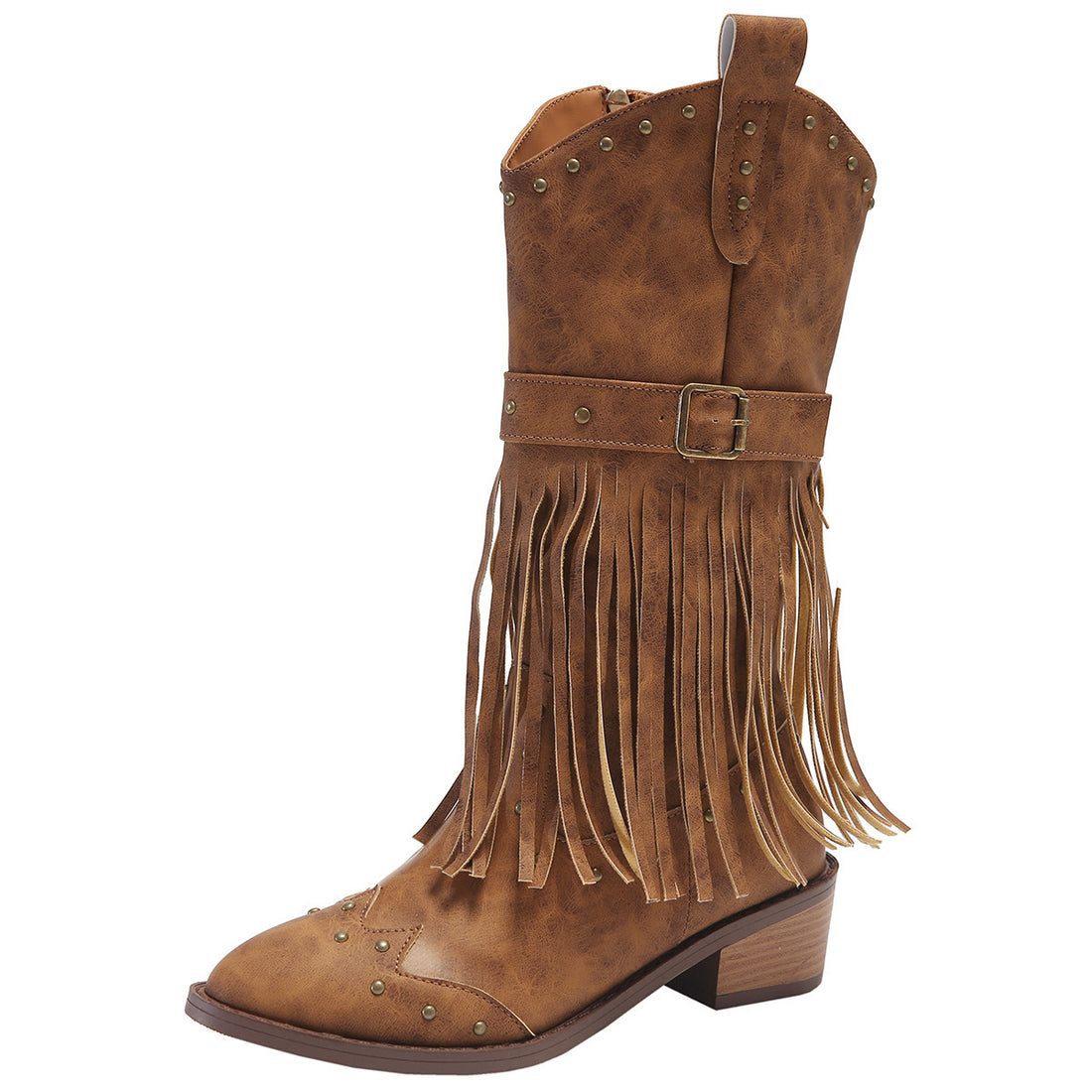 Retro Tassel Boots With Rivet Strap Buckle Design