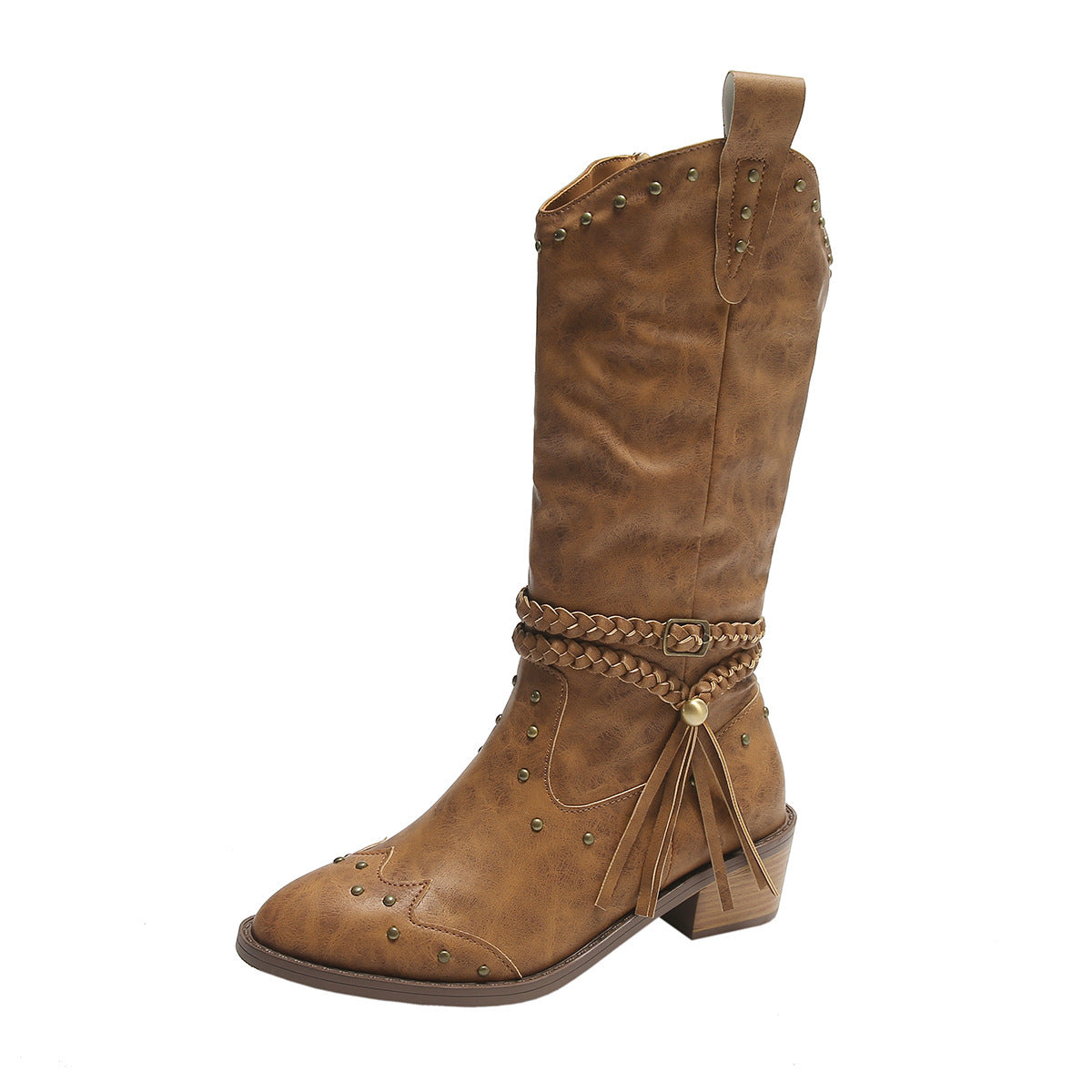 Retro Tassel Boots With Braided Rope Strap Buckle